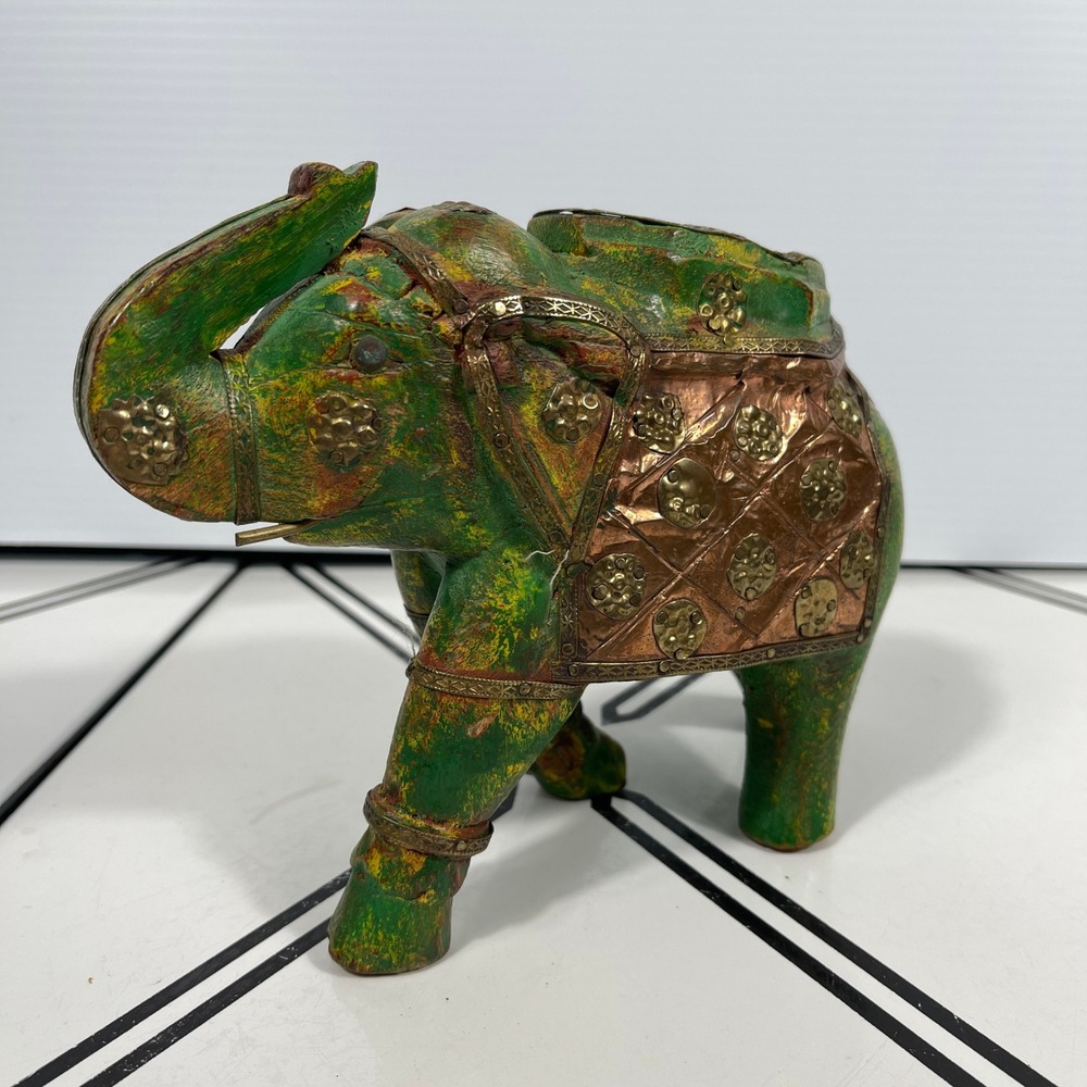 Vintage Elephant Statue Handcrafted Wooden Fitted Copper Armor Boho‎